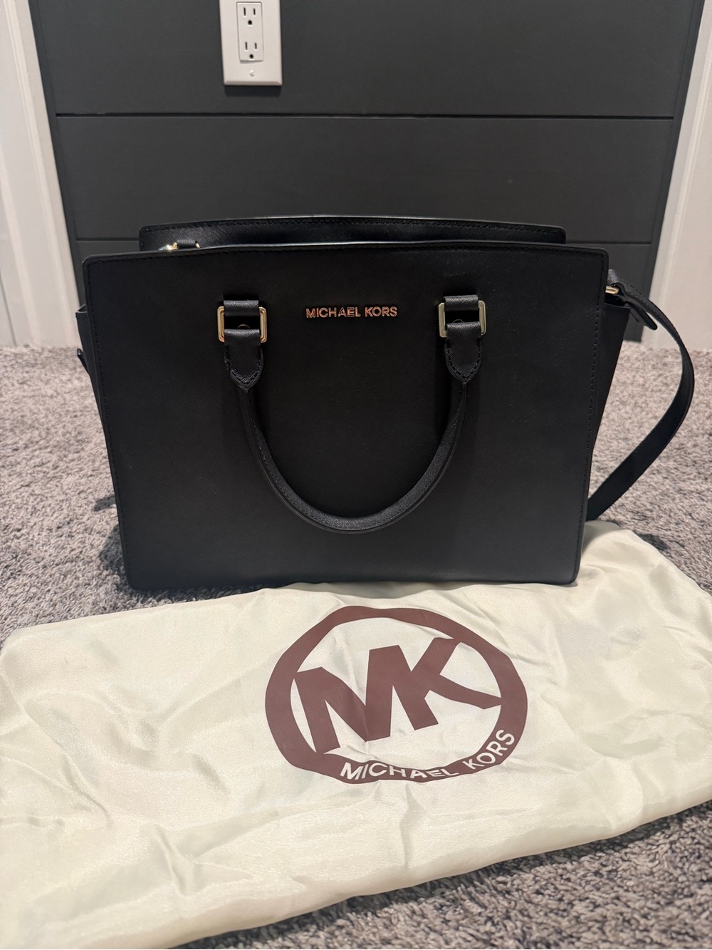 Michael Kors Black Saffiano Satchel Tote Crossbody Bag + Dust Bag